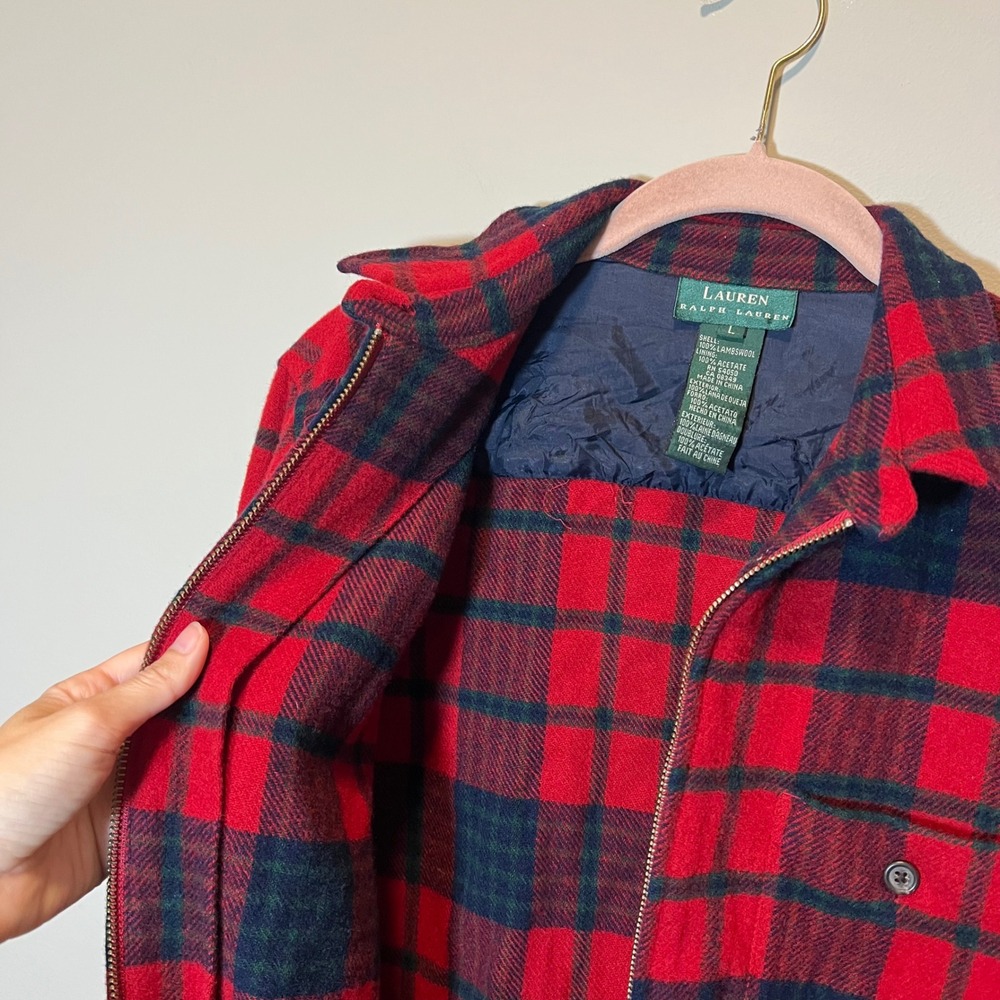Lauren Ralph Lauren Red Plaid 100% Lambswool Full Zip Shirt Jacket Men's Large - Picture 8 of 11